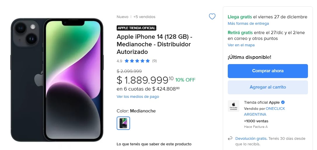 En nuestro país el mismo modelo se encuentra en Mercado Libre a un precio de $1.889.999 argentinos.