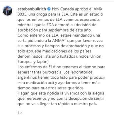 El exsenador había solicitado la aporbación por parte de Anmat de un medicamento contra la ELA.