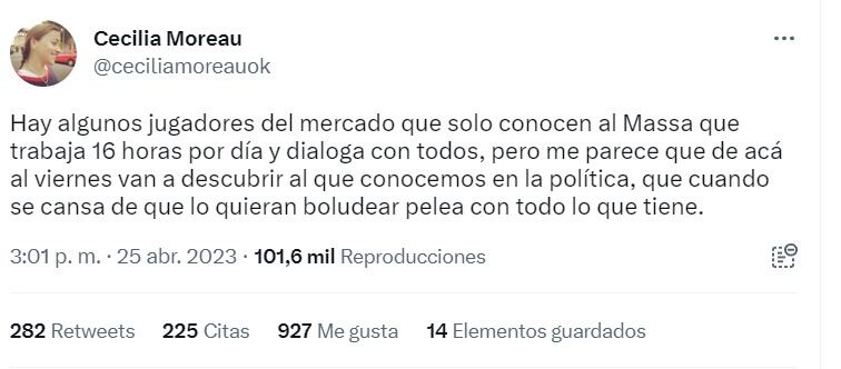 Cecilia Moreau se expresó en Twitter y salió en defensa de Sergio Massa.