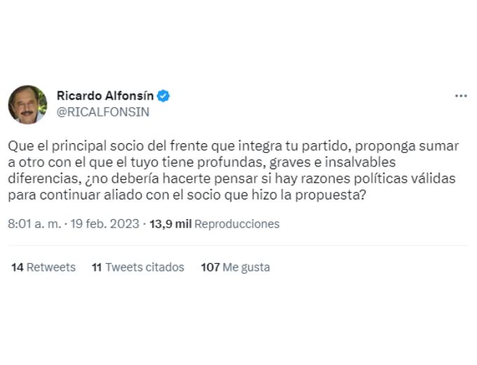 Tweet original de Ricardo Alfonsín en Twitter. Foto: captura redes.