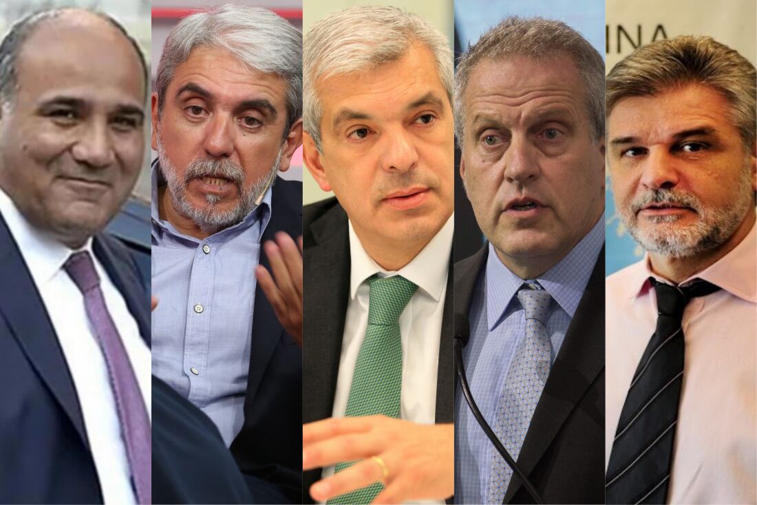 Juan Manzur, Aníbal Fernández, Julián Domínguez, Jaime Perczyk y Daniel Filmus, cinco de los seis funcionarios que asumirán este lunes. 