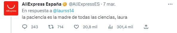 La respuesta de AliExpress en Twitter. Foto: captura de pantalla.