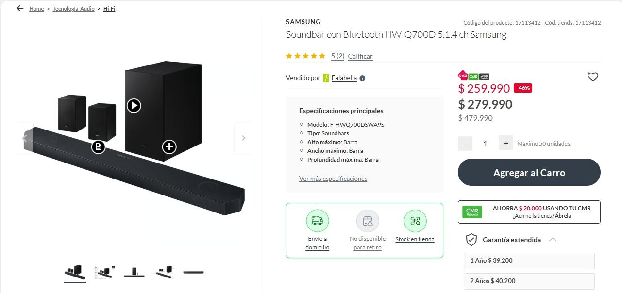 La tienda de Falabella ofrece un equipo de música Soundbar con Bluetooth HW-Q700D a un precio promocional de $259.990 chilenos.