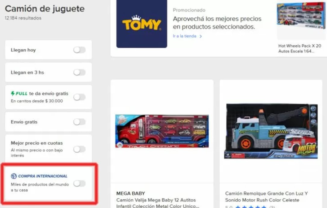En rojo, el nuevo filtro de "Compra internacional" que agregó Mercado Libre en Argentina. Captura: ML