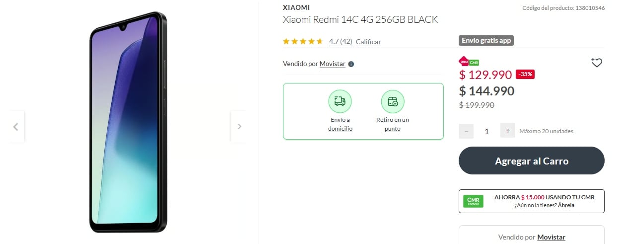 La tienda de Falabella ofrece un Xiaomi Redmi 14C con 256GB a un precio promocional de $129.990 chilenos.