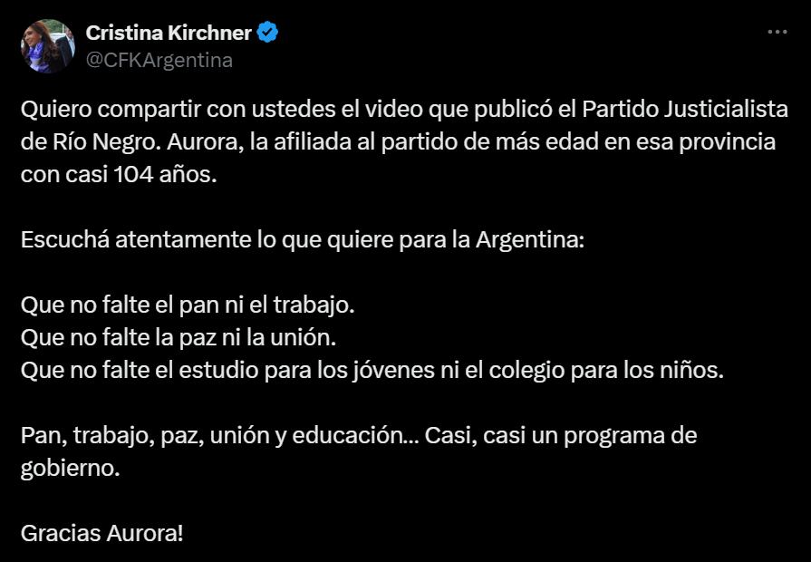 Posteo de Cristina Kirchner. Captura: X / @CFKArgentina