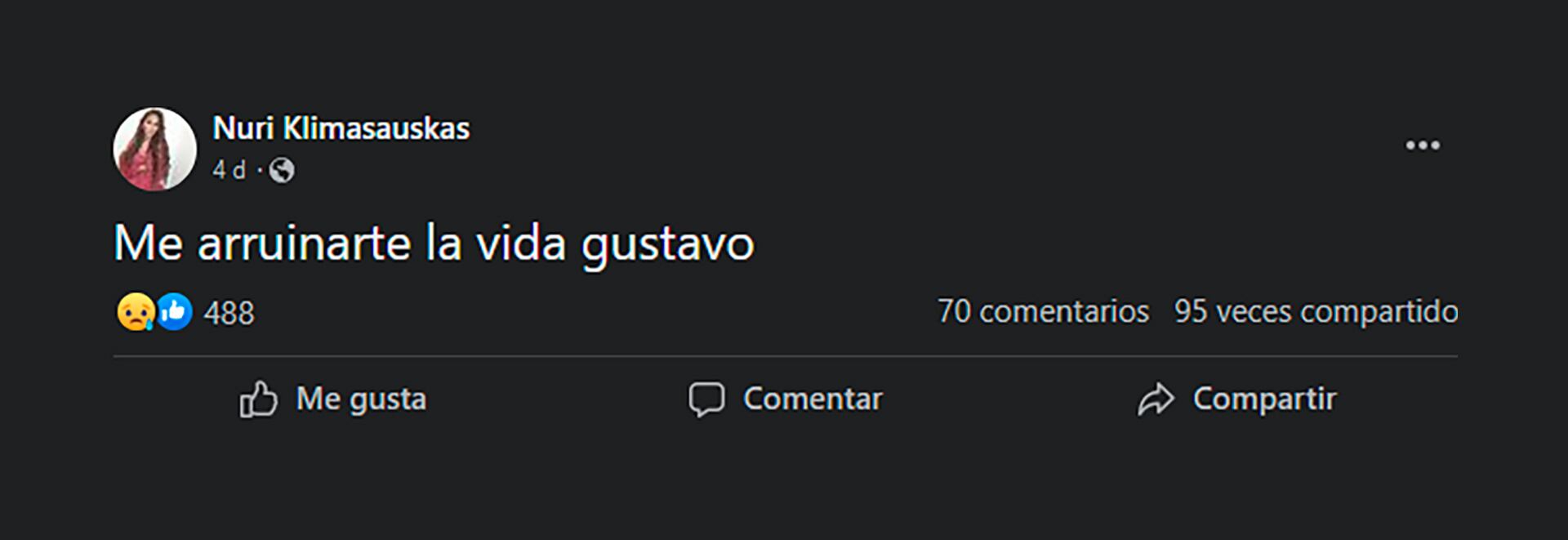 Mensaje de Nahir Nuri Klimasauskas en Facebook apuntando a su novio.