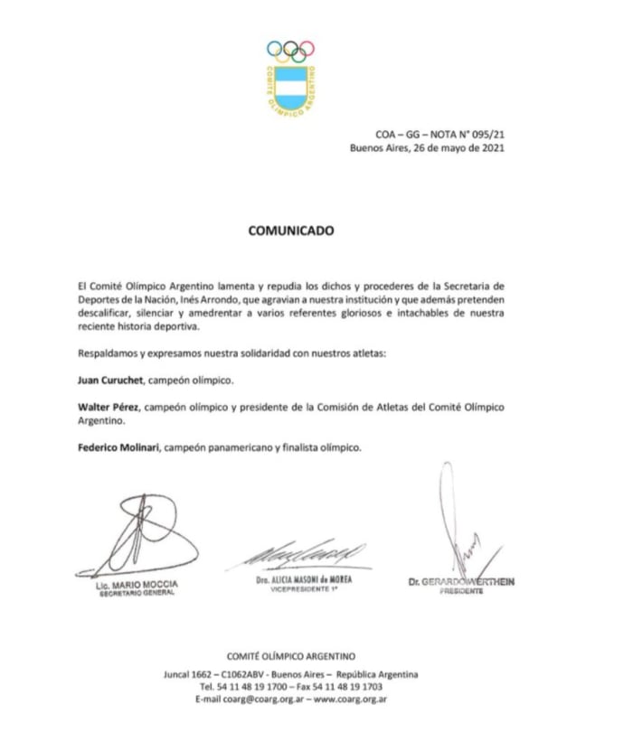 El Comité Olímpico Argentino repudió las expresiones de la secretaria de Deportes de la Nación para con tres consagrados atletas.