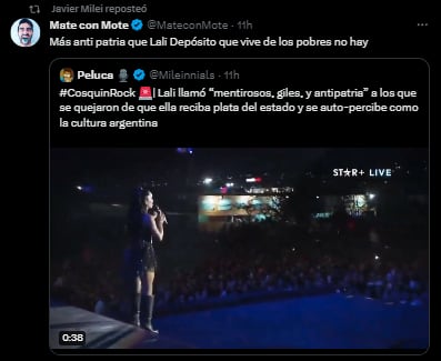 Los retuits de Milei sobre la presentación de Lali en el Cosquín. Foto: captura.