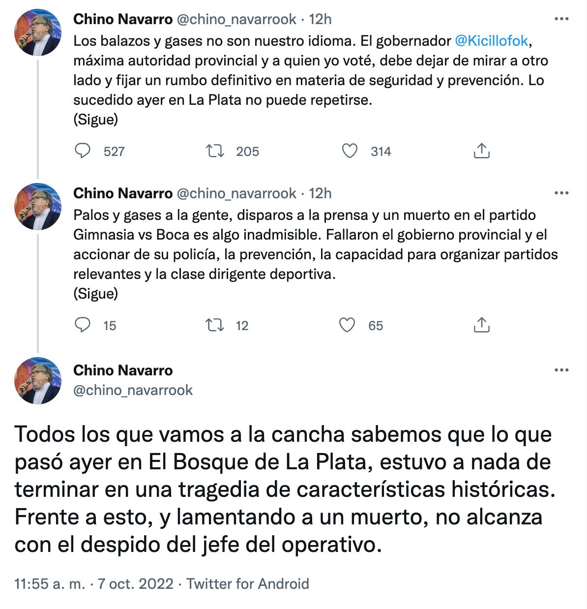 Críticas de Fernando Chino Navarro a Kicillof por el violento operativo policial en el estadio de Gimnasia de La Plata.