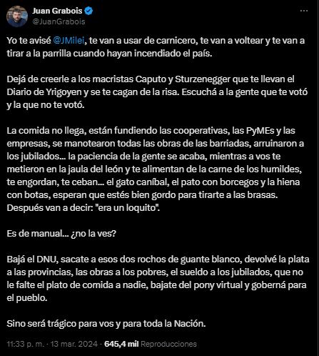 Juan Grabois advirtió a Milei: “Te van a voltear el gato caníbal, el pato con borcegos y la hiena con botas”