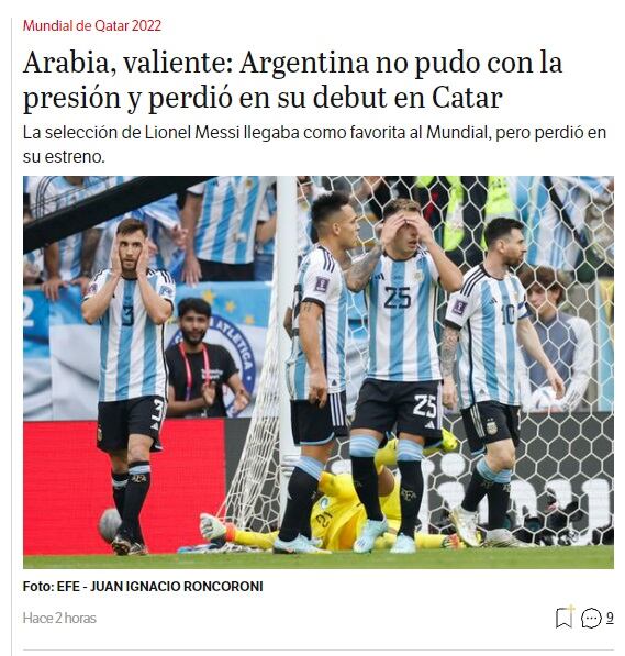 El Espectador (Colombia) La prensa internacional reaccionó con dureza a la derrota de Argentina frente a Arabia Saudita en el Mundial de Qatar 2022