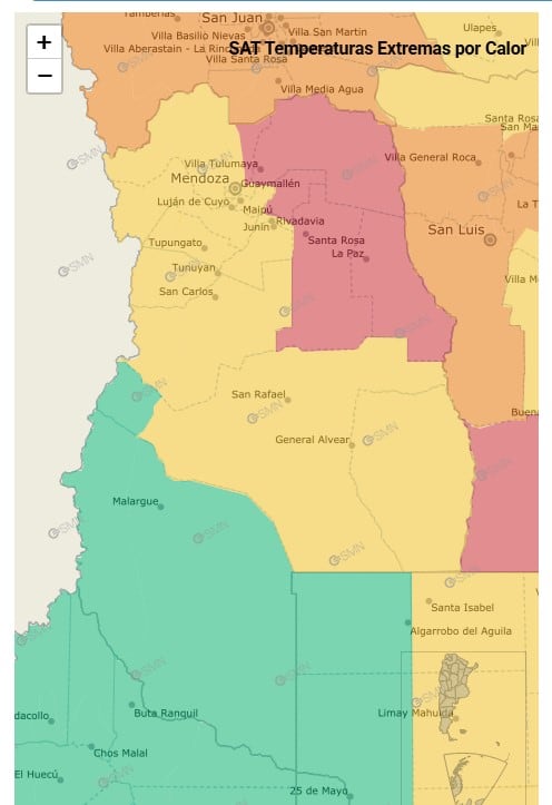 Mapa de temperaturas extremas en la provincia de Mendoza.