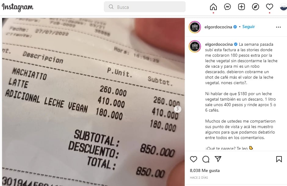 El chef El Gordo Cocina subió a su cuenta un ticket con un insólito precio que le cobraron por un poco de leche vegana.