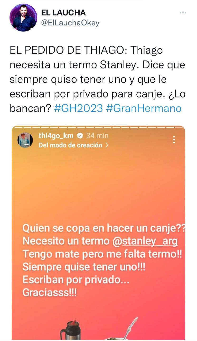 Thiago, ex Gran Hermano, pidió canje de Stanley y desató el debate.