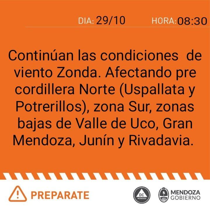 Defensa Civil emitió un alerta para distintas partes de Mendoza este domingo por el viento Zonda.