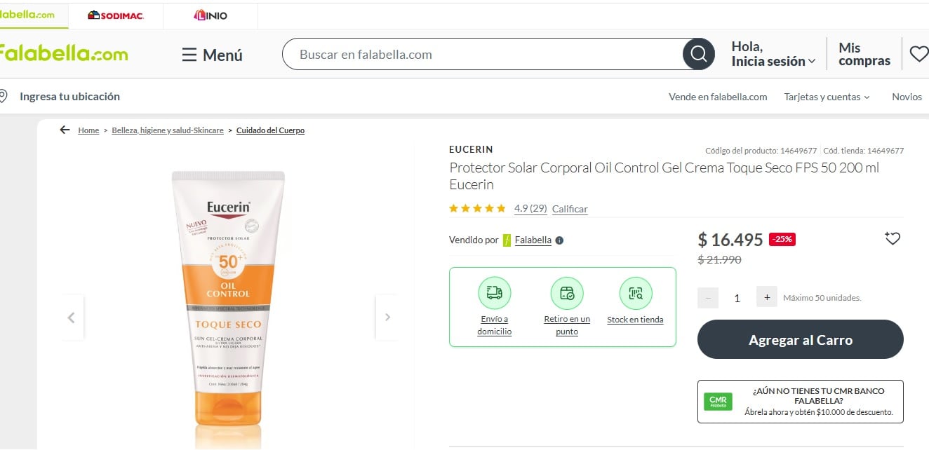 Valor del protector solar Eucerin en Falabella.