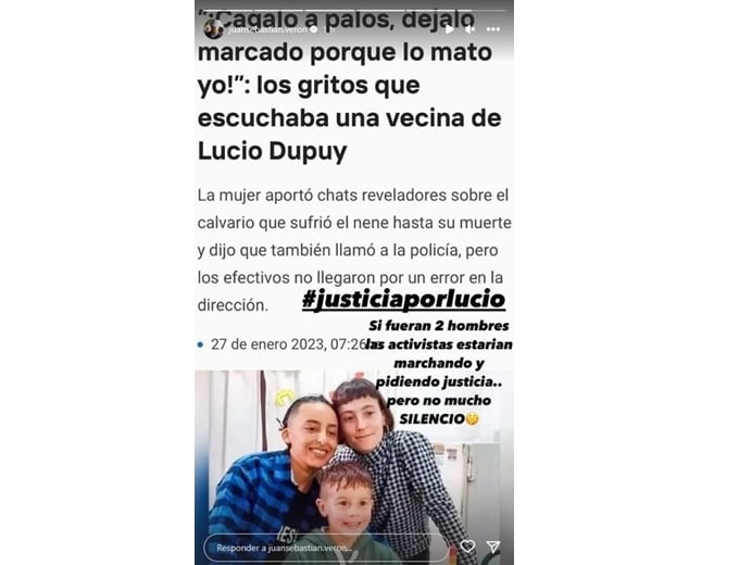 Por medio de las historias de Instagram, el vicepresidente de Estudiantes atacó a activistas del feminismo, comentando que no se han movilizado por el caso de Lucio. Foto: Captura Instagram / @juansebastian.veron