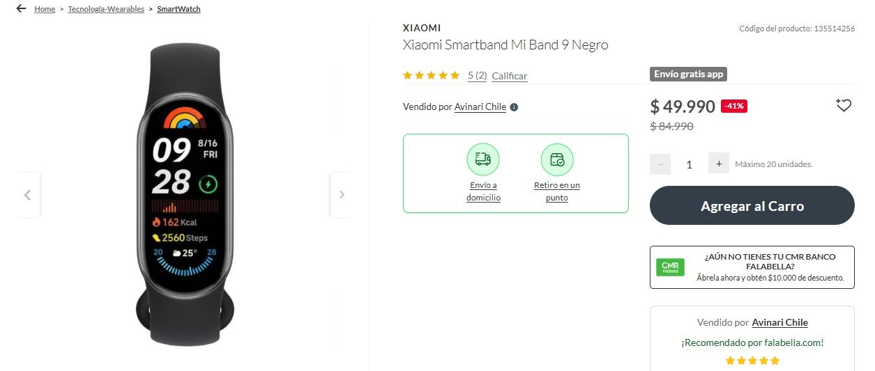 La tienda de Falabella ofrece un Xiaomi Smartband Mi Band 9 a un precio promocional de $49.990 chilenos.