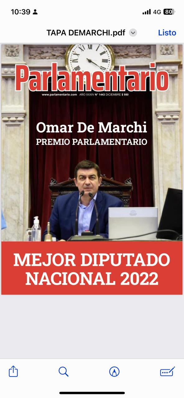 La comunicación que distribuyó el equipo de Omar de Marchi sobre el premio de la revista Parlamentario.