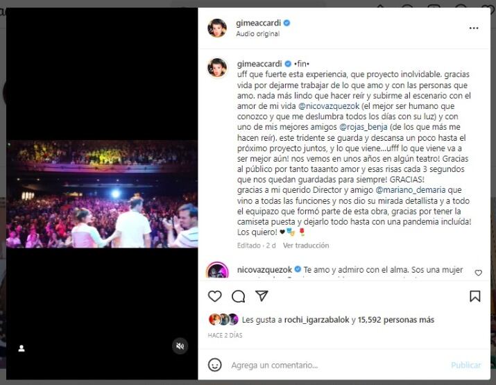 El posteo de Gime Accardi agradeciendo el cariño a la gente / Instagram