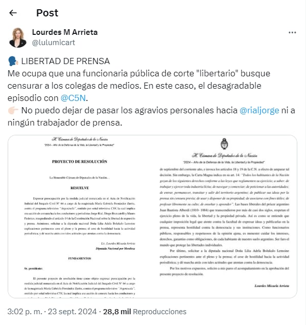 Lourdes Arrieta defendió a Jorge Rial de los ataques de Lilia Lemoine. Foto: X @lulumicart.