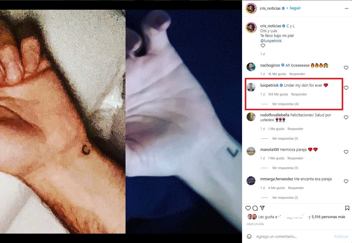 Cristina Pérez y Luis Petri se tatuaron sus iniciales.