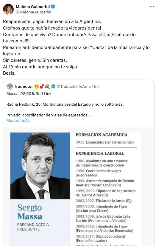 La mujer de Sergio Massa tuvo un cruce en X con un tuitero por el CV del ex ministro de Economía.