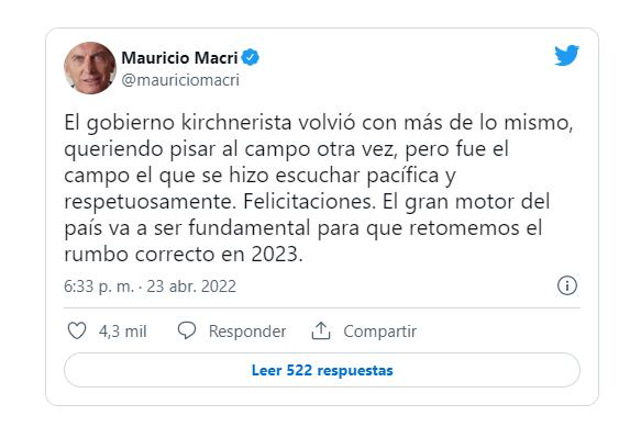 El expresidente posteó un duro mensaje contra el Gobierno Nacional y apoyó a los agricultores.