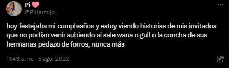 El tuit viral de Pilar donde contó que sus invitados se fueron de fiesta en lugar de ir a su cumpleaños. Foto: captura.