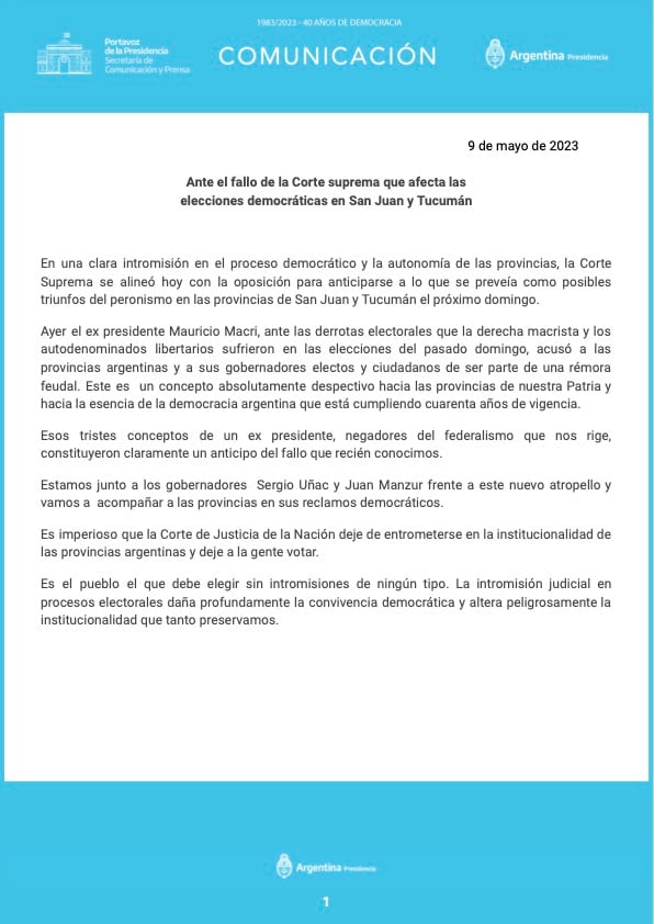 Comunicado del gobierno tras la decisión de la Corte de suspender las elecciones en Tucumán y San Juan. Fuente: Casa Rosada.