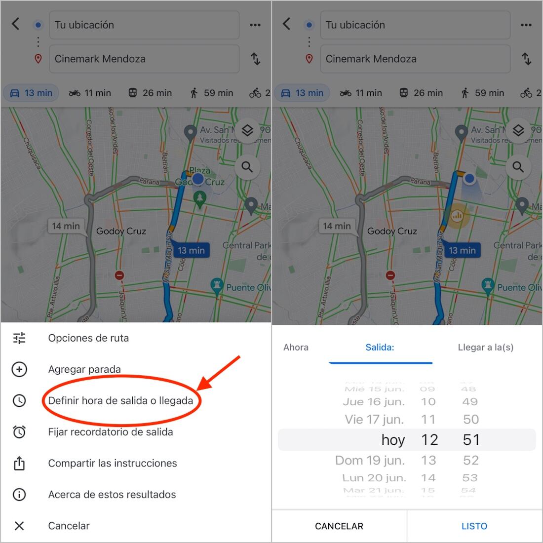 Google Maps en Mendoza permite programar horarios de viaje y calcular cuándo es mejor salir para llegar a tiempo.