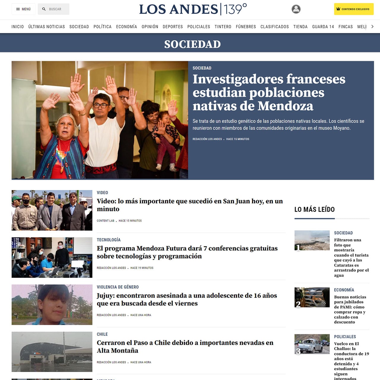 Portada edición digital Diario Los Andes.