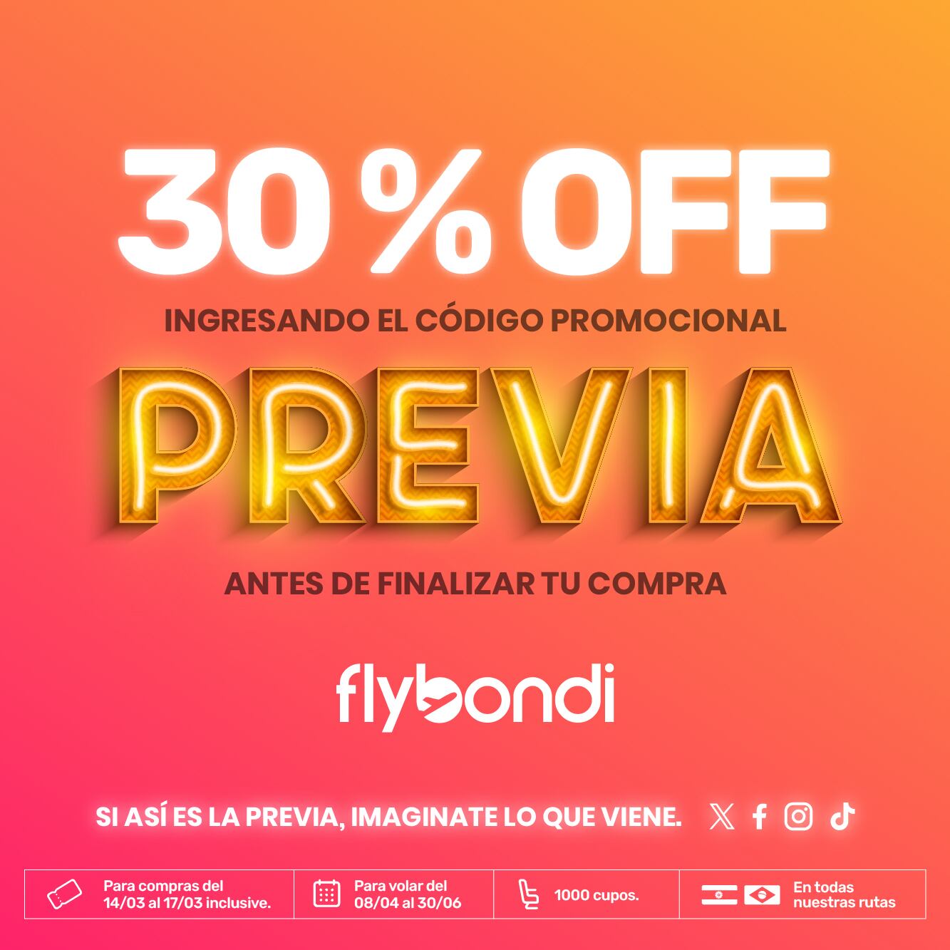 Quienes deseen acceder al beneficio deberán ingresar el código promocional “PREVIA” antes de finalizar la compra. Foto: Flybondi