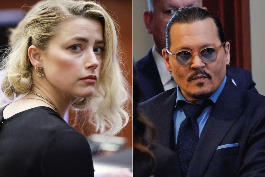 Amber Heard y Johnny Depp en diferentes etapas del juicio. (AP)