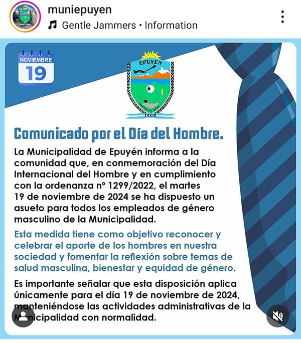 El comunicado de la municipalidad anunciando asueto para sus trabajadores varones.