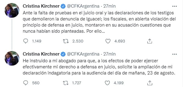 Cristina Kirchner pidió ampliar su declaración indagatoria (Twitter)