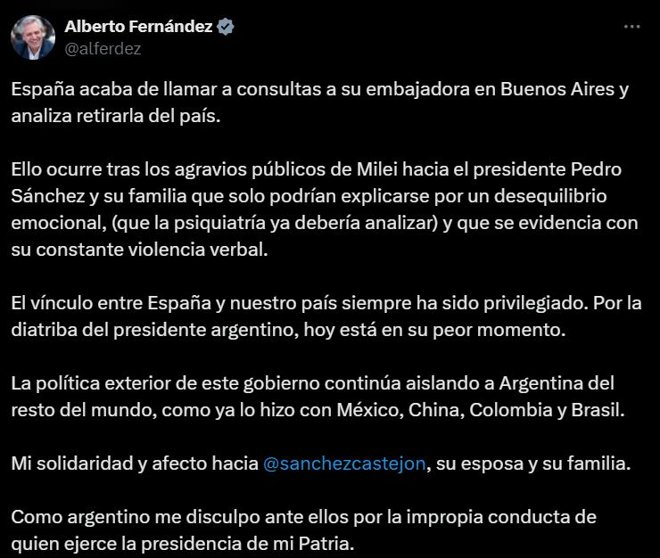 Comunicado de Alberto Fernández. Captura: X / @alferdez