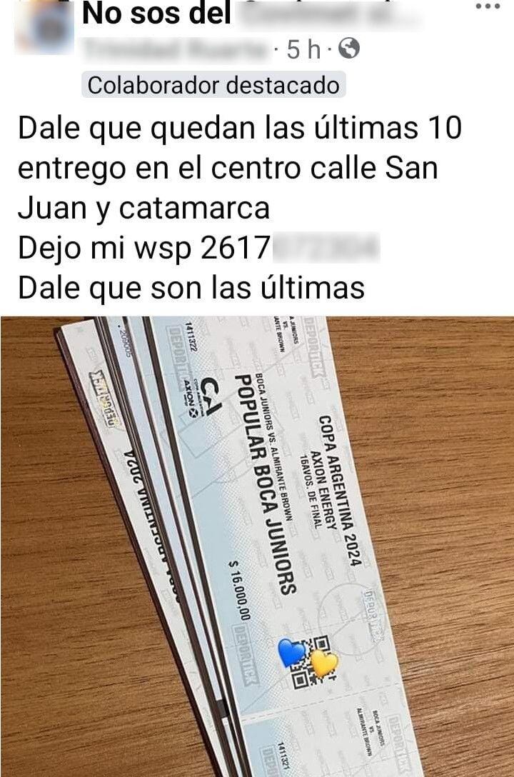 La publicación en donde revenden entradas para ver a Boca en Mendoza.