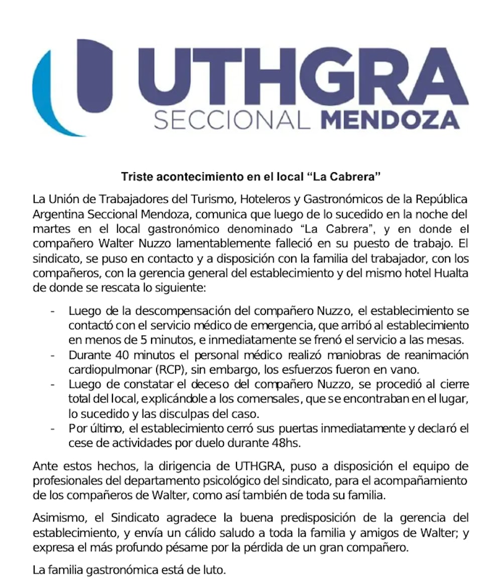 Comunicado de UTHGRA Mendoza tras la tragedia ocurrida con un empleado en la parrilla La Cabrera en Mendoza