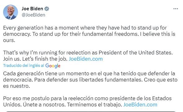 Biden anunció que será candidato a la reelección en 2024