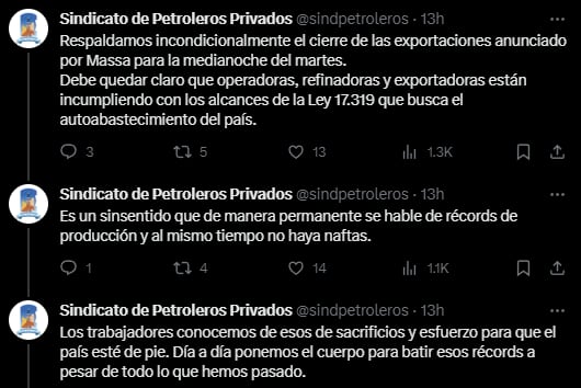 Los posteos del Sindicato de Petroleros Privados. Foto X / @sindpetroleros