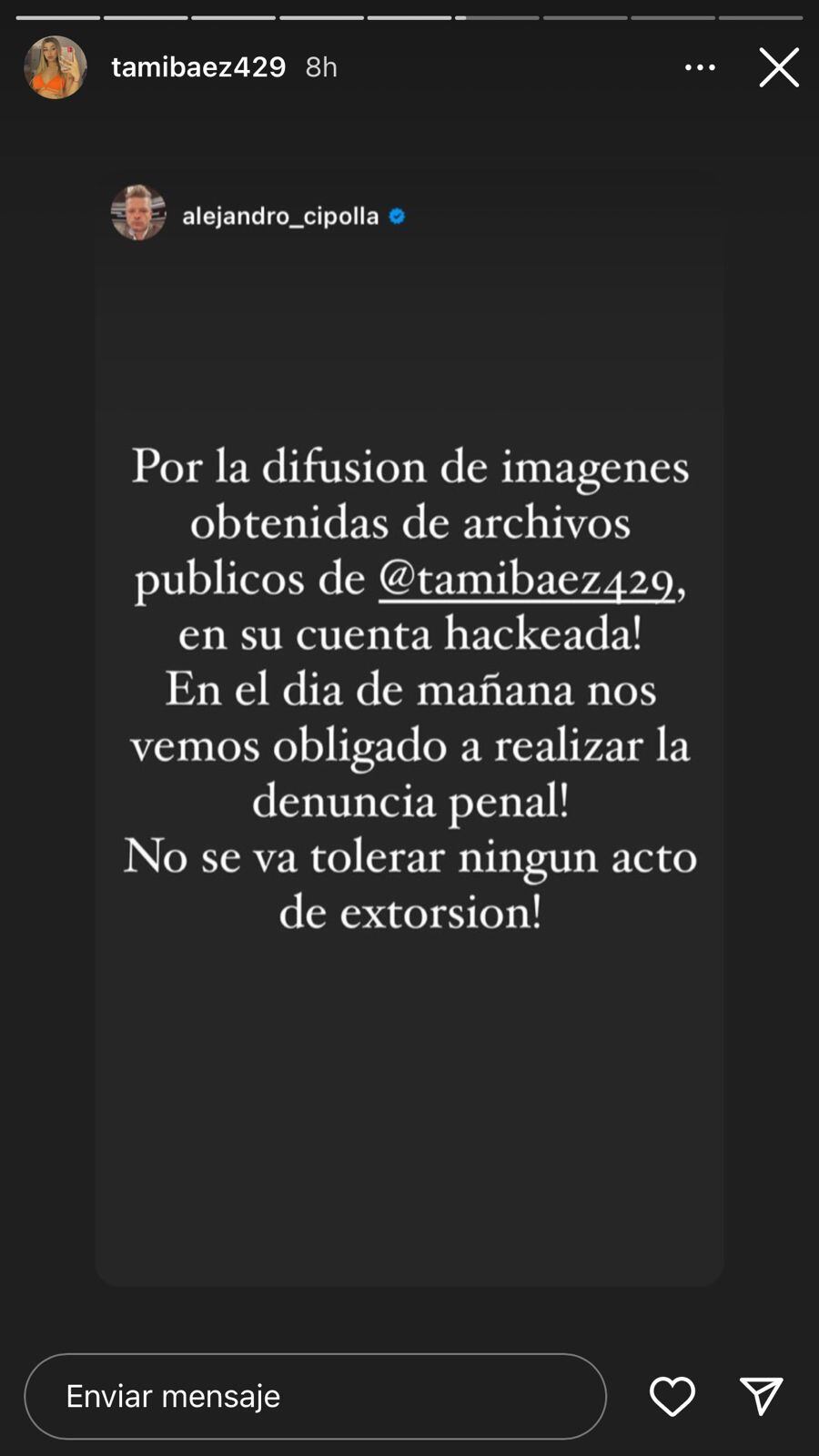 Tamara Báez denunciará el robo de su cuenta de Instagram y fotos personales.