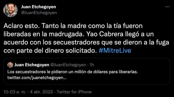 El tuit de Juan Etchegoyen sobre la liberación de la madre de Yao Cabrera