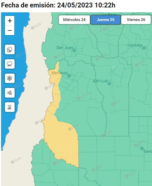 Alertas emitidas por el Servicio Meteorológico Nacional para el jueves 25 de mayo. Foto: SMN