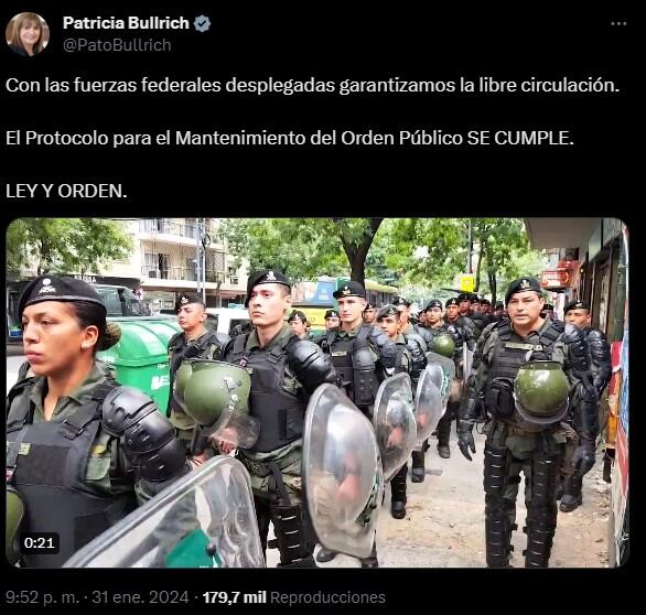 El tuit de Patricia Bullrich sobre el operativo de ayer. Foto: captura.