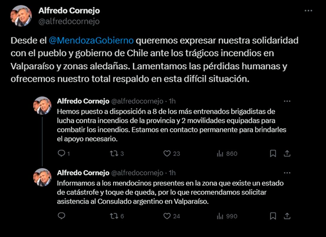 Comunicado de Alfredo Cornejo. Foto Captura: X / @alfredocornejo