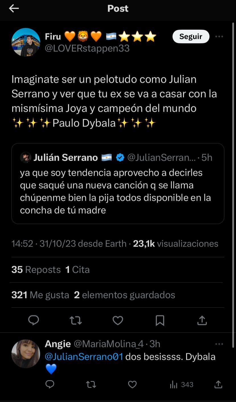 Atacaron a Julián Serrano por la noticia del casamiento de Oriana Sabatini y Paulo Dybala.