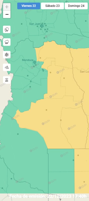 Mapa de alerta amarilla del Servicio Meteorológico Nacional que regirá tanto para este viernes 22 de diciembre como para el sábado 23.