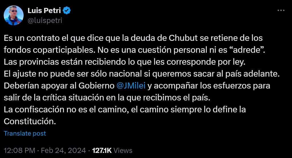 Posteo de Luis Petri sobre los fondos coparticipables. Captura: X / @luispetri